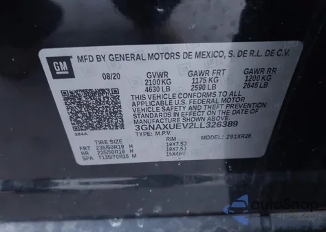 2020 Chevrolet Equinox Awd Lt 1.5L Turbo из США, поврежденный, VIN 3GNAXUEV2LL326389